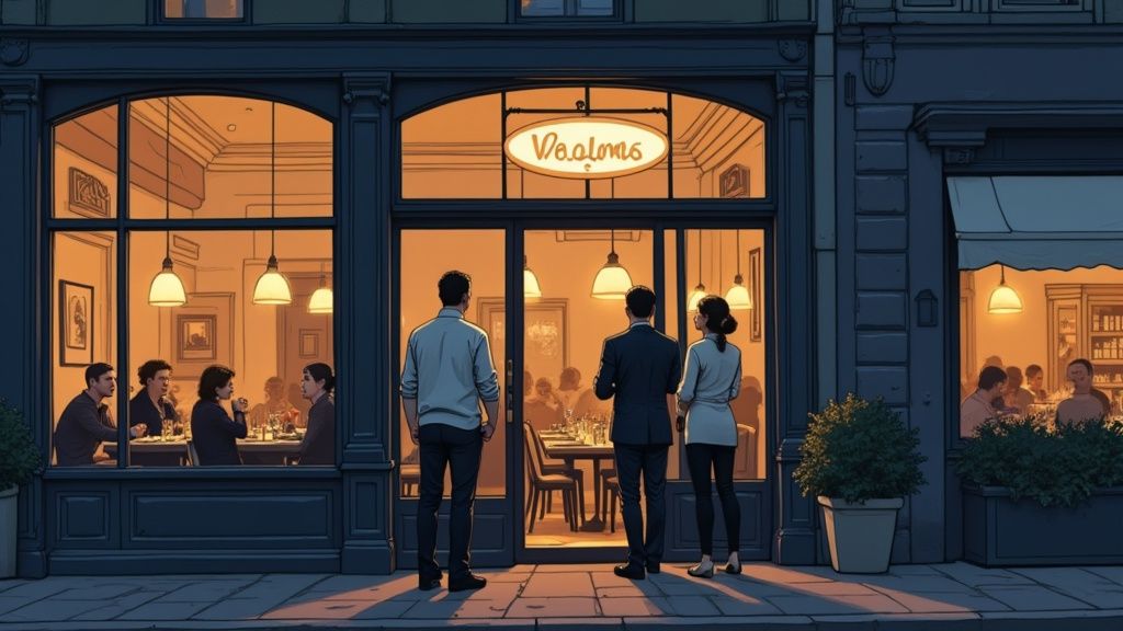 Drie mensen kijken van buitenaf naar een gezellig verlicht restaurant met etende gasten.