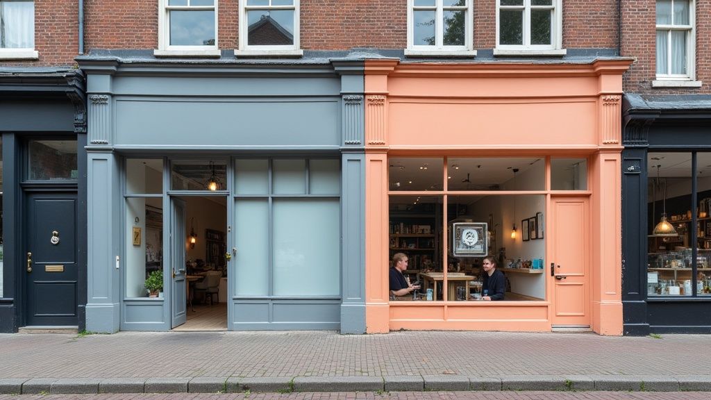Moderne winkelpuien in blauw en roze met grote ramen en klassieke architectuur