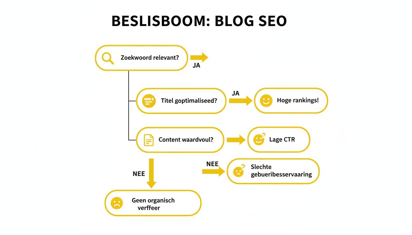 Beslisboom voor blog SEO, met paden voor zoekwoord relevantie, titel en content optimalisatie, leidend tot resultaten zoals hoge rankings of geen organisch verkeer.