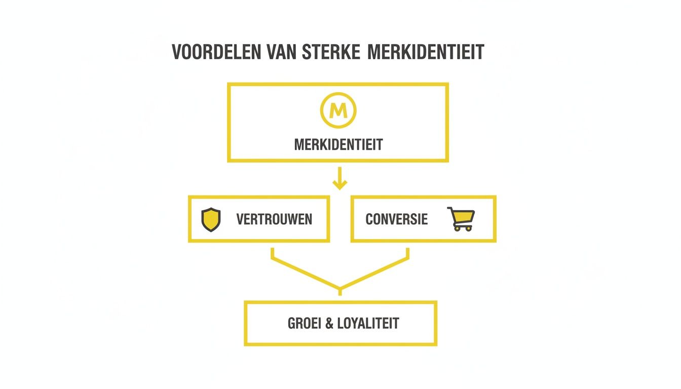 Stroomdiagram over de voordelen van een sterke merkidentiteit: van vertrouwen en conversie tot groei en loyaliteit.