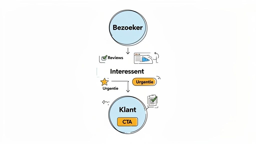 Flowchart die de customer journey toont van een bezoeker naar een klant, inclusief reviews, urgentie en CTA.