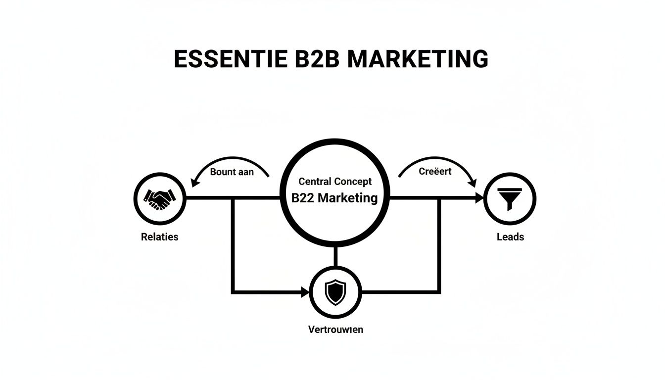 Een diagram dat de essentie van B2B marketing weergeeft, met relaties, vertrouwen en leads als kerncomponenten.