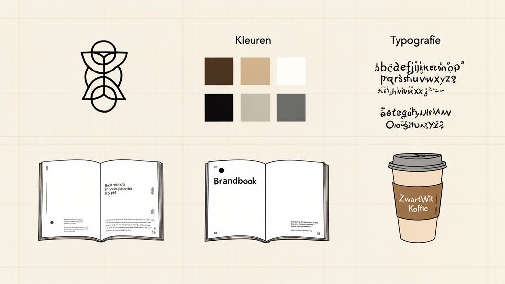 Overzicht van branding elementen: logo, kleurenpalet, typografie, brandboek en koffiekopje.