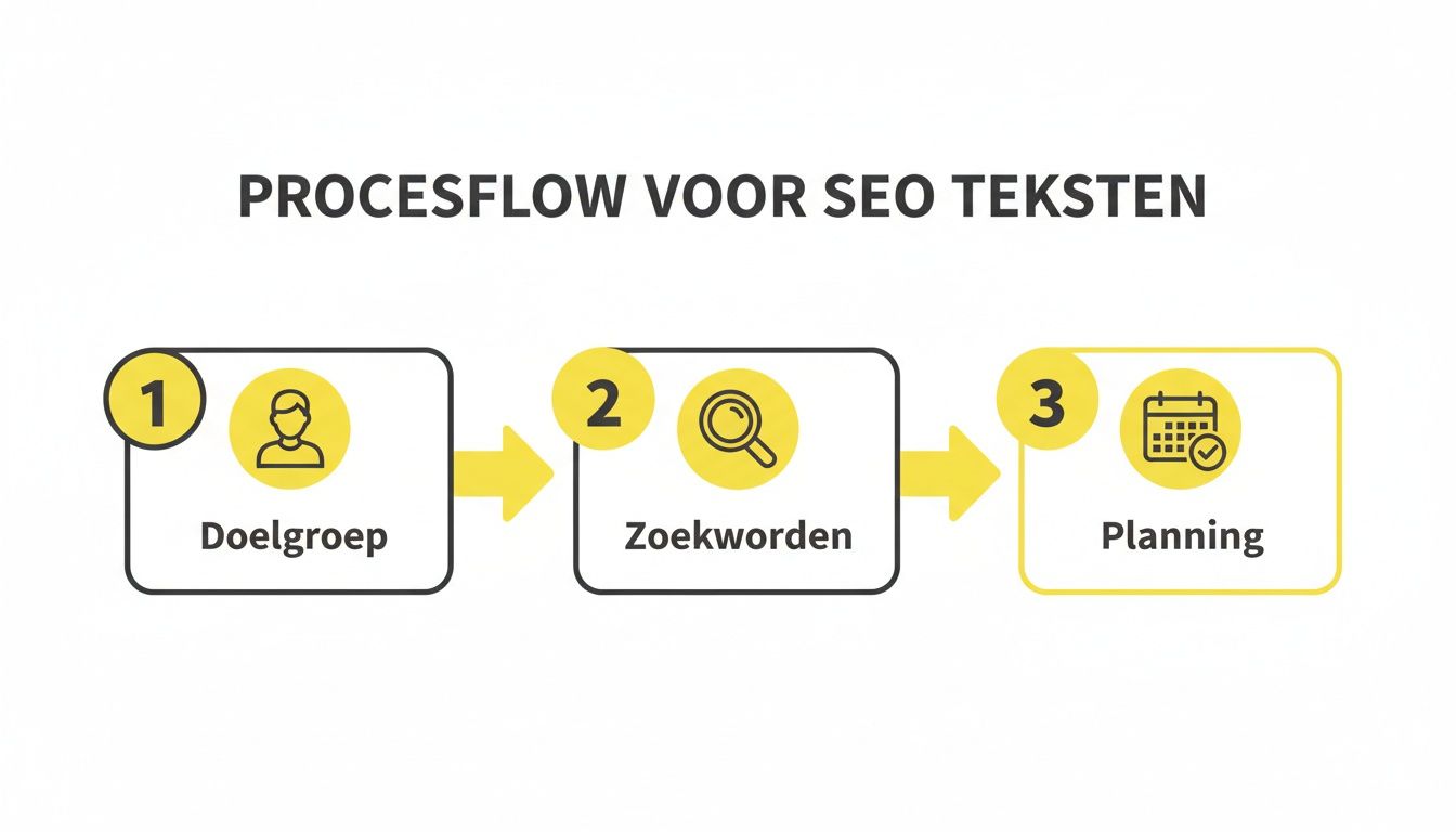 Een procesflow voor het schrijven van SEO teksten met drie stappen: doelgroep, zoekwoorden en planning.