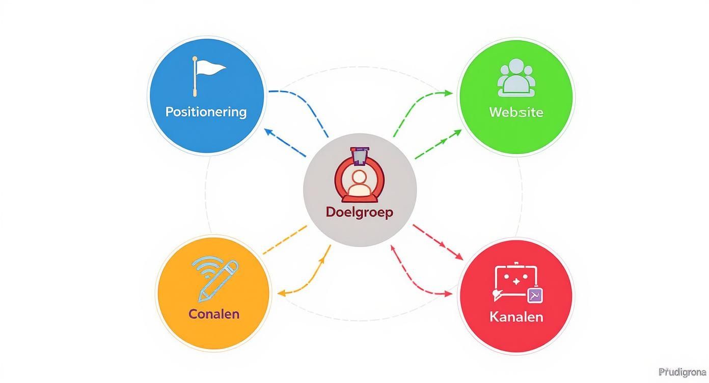 Diagram met 'Doelgroep' centraal, omringd door 'Positionering', 'Website', 'Conalen' en 'Kanalen', met verbindende pijlen.