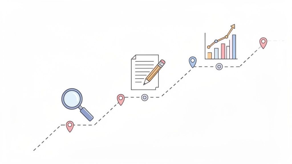 Een stapsgewijs proces met pictogrammen van een vergrootglas, document met potlood en een grafiek die groei toont.