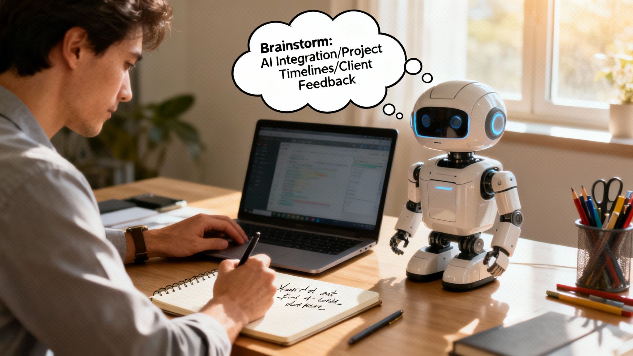 Een menselijke hand die de hand van een robot schudt, symbool voor samenwerking