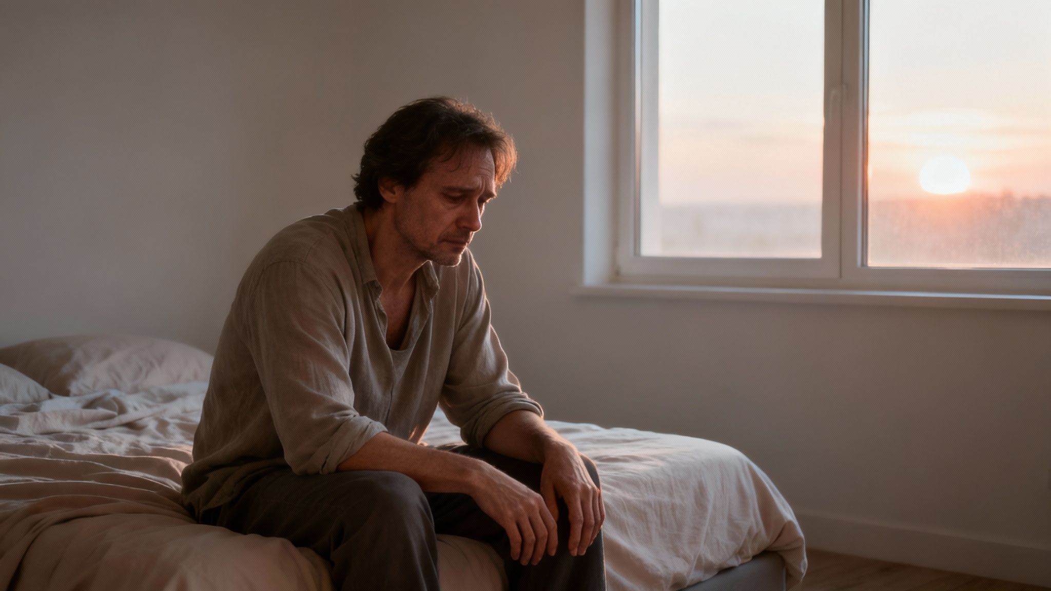 Een sombere man zit op bed, kijkt naar beneden, met zonsonderganglicht door het raam.