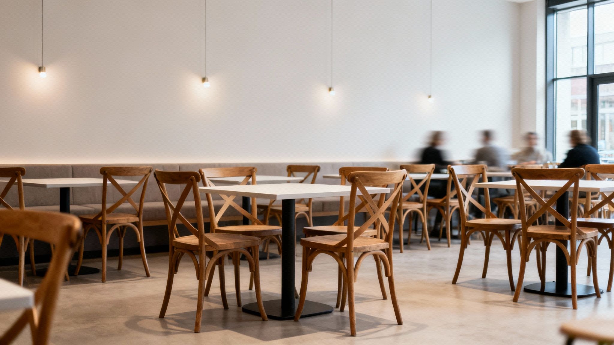 Sfeervol interieur van een modern café met lege houten stoelen en witte tafels.