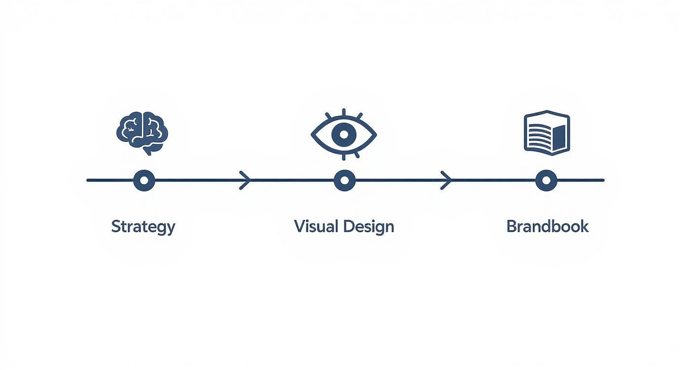 Visueel proces van merkstrategie ontwikkeling met drie fases: strategie, visueel ontwerp en brandbook