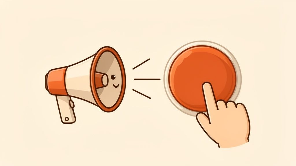 Een glimlachende megafoon communiceert met een rode drukknop die door een vinger wordt bediend.