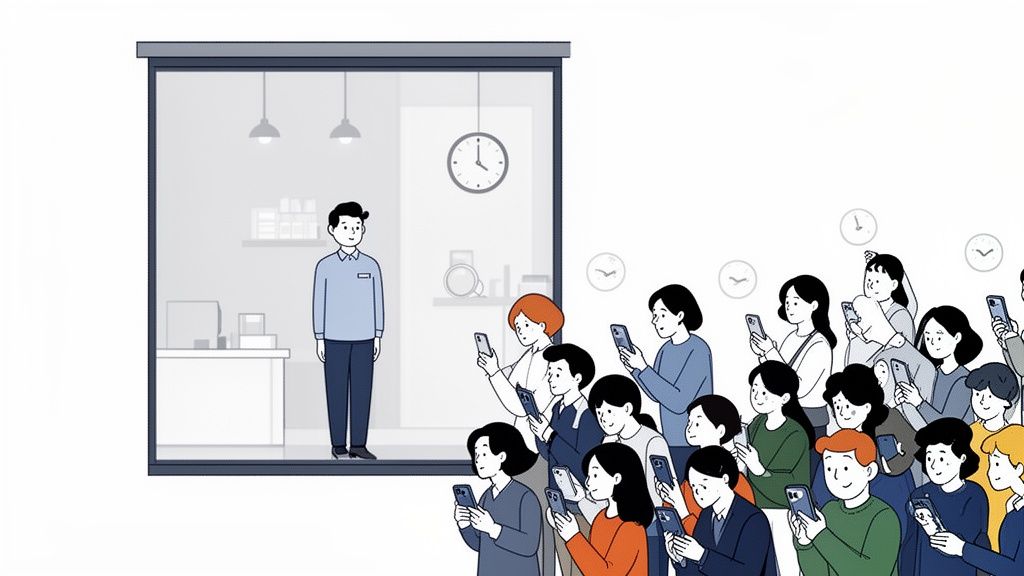 Een man kijkt vanuit een glazen ruimte naar een menigte mensen die allemaal naar hun smartphones kijken.