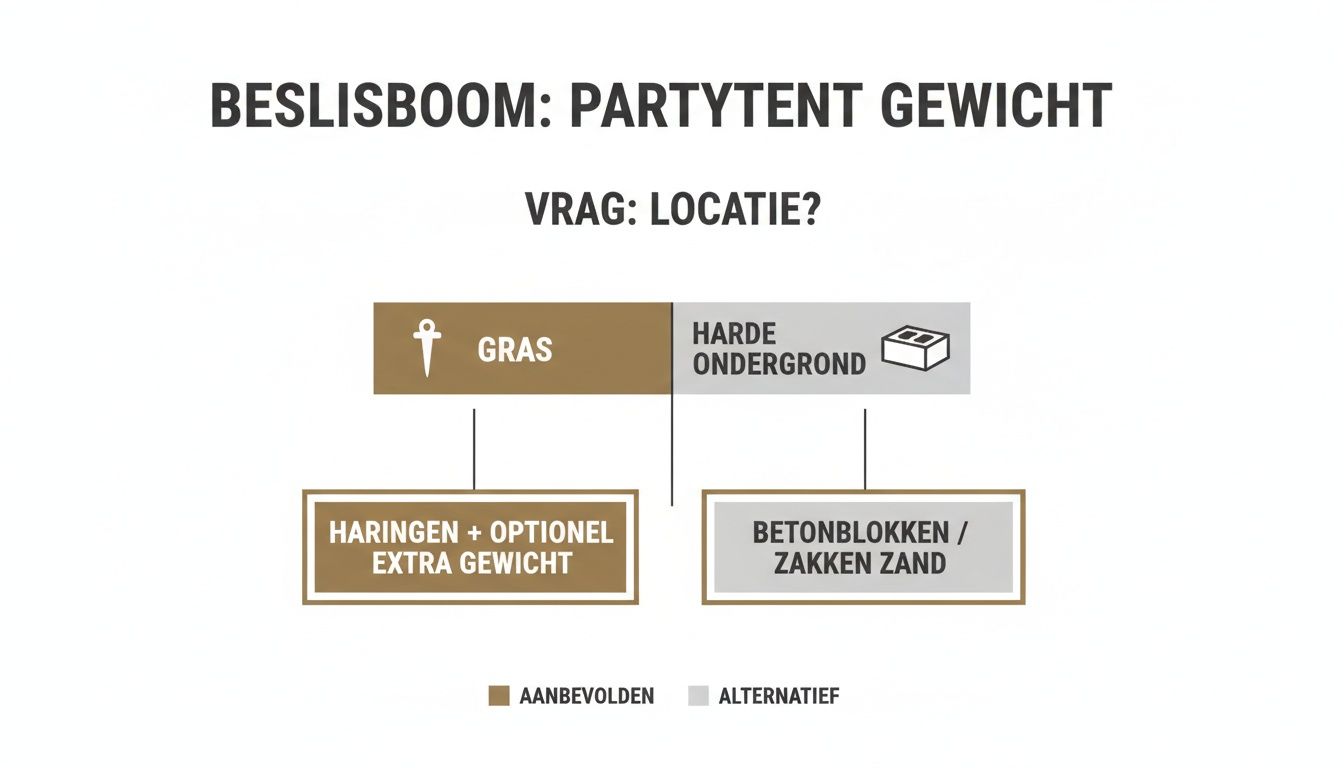 Beslisboom voor partytent gewicht: advies over verankering op gras (haringen) of harde ondergrond (betonblokken/zandzakken).