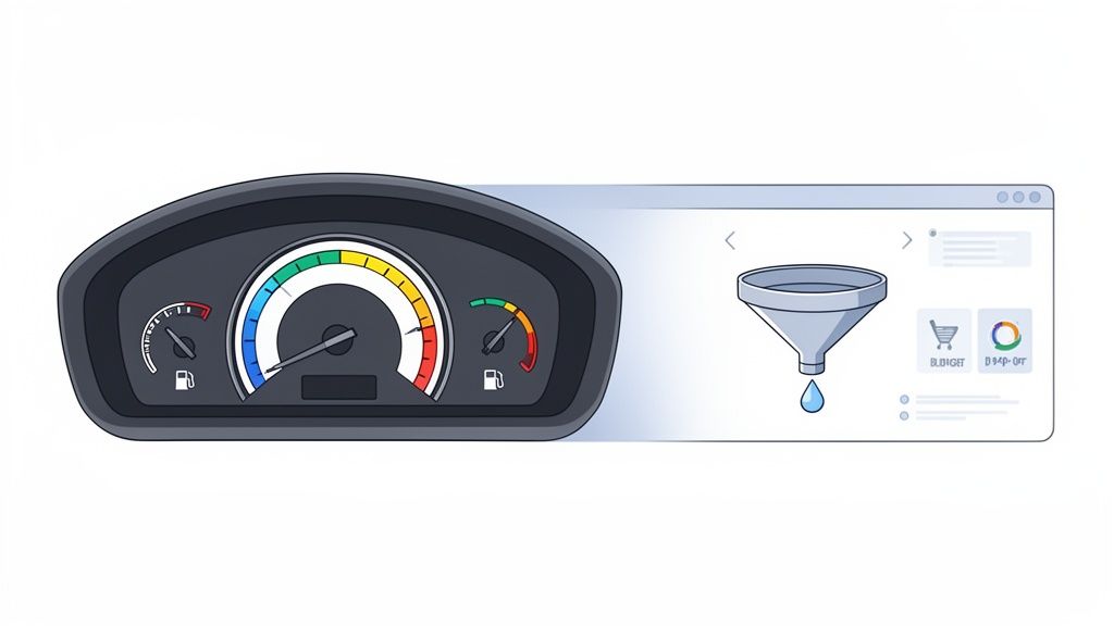 Een dashboard met meters en een online marketingtrechter voor data-analyse en budgetbeheer.