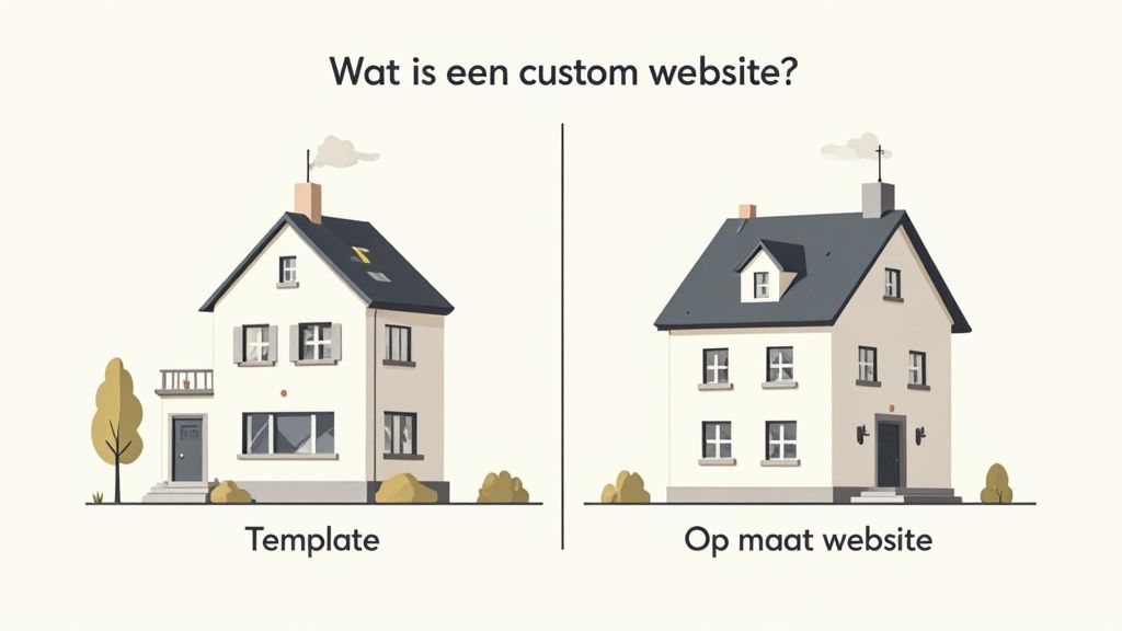 Een visuele vergelijking tussen een standaard (template) en een op maat gemaakte website, geïllustreerd met twee huizen.