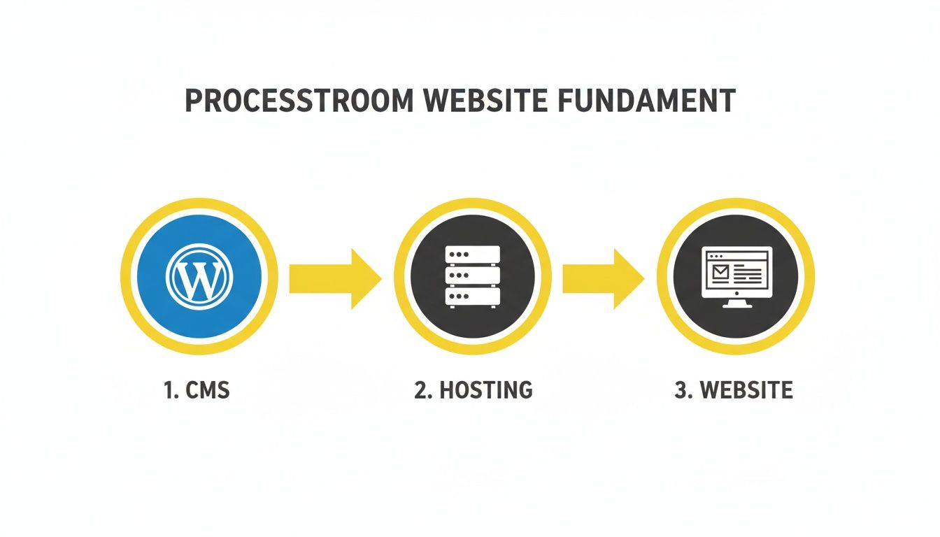 Schematische weergave van de websitefundament processtroom, met stappen CMS (WordPress), Hosting en Website.