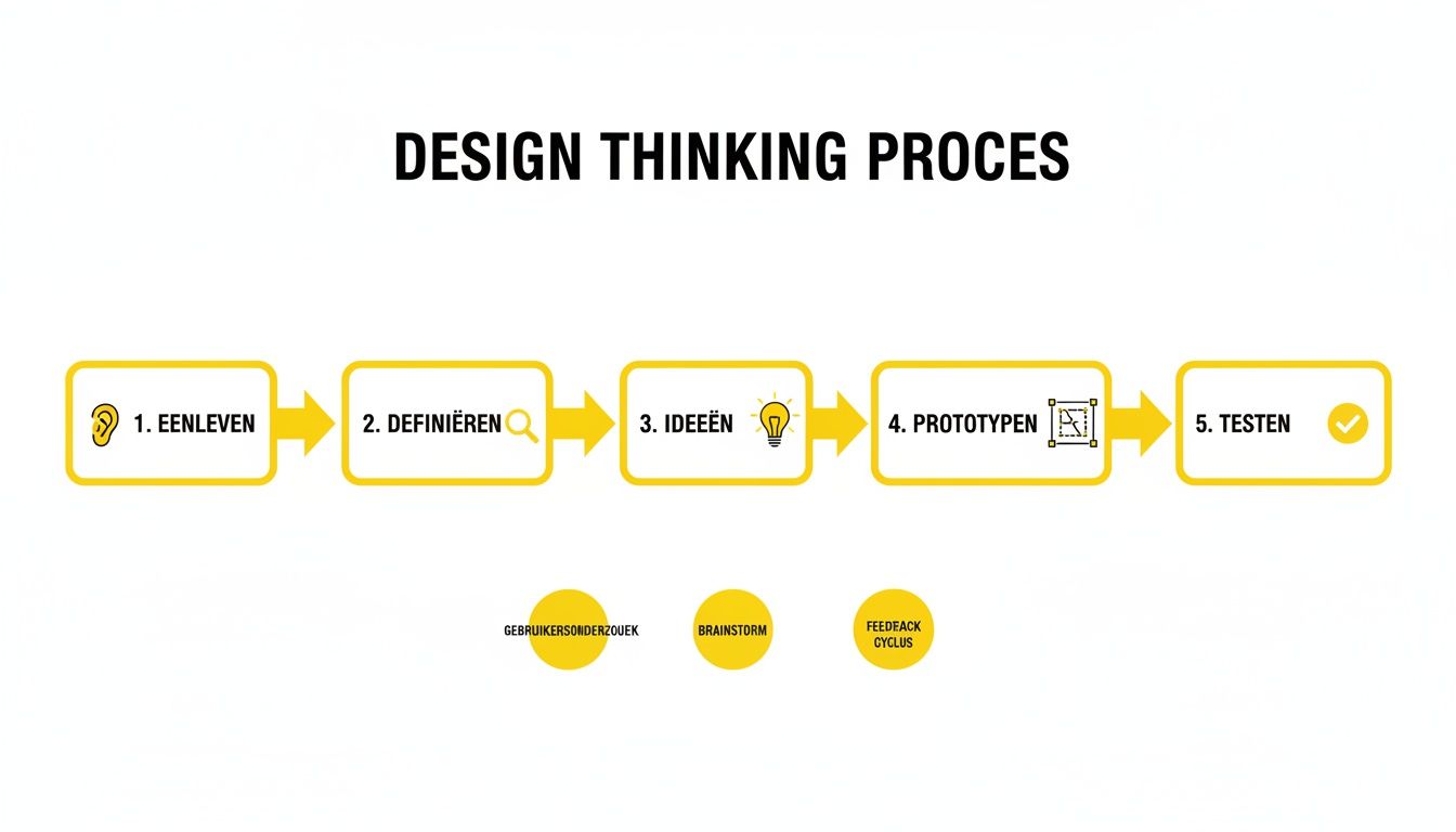 Stappenplan van het Design Thinking Proces met vijf fasen: Inleven, Definiëren, Ideeën, Prototypen en Testen.
