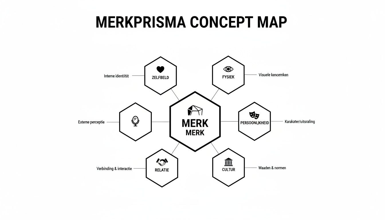 Een conceptkaart van het merkprisma met 'Merk' in het midden, omringd door zes aspecten van merkidentiteit.
