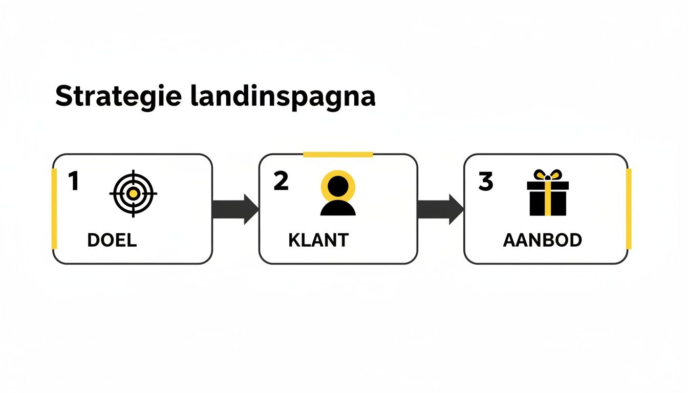 Schema van een landingspagina strategie met drie stappen: Doel, Klant en Aanbod, elk met een bijpassend icoon.