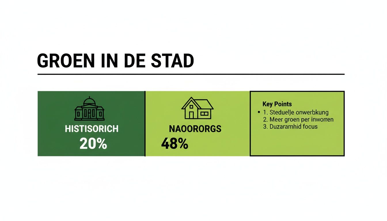 Presentatieslide over 'Groen in de Stad' met percentages voor historische en naoorlogse gebieden, plus belangrijke punten voor duurzaamheid en groen.