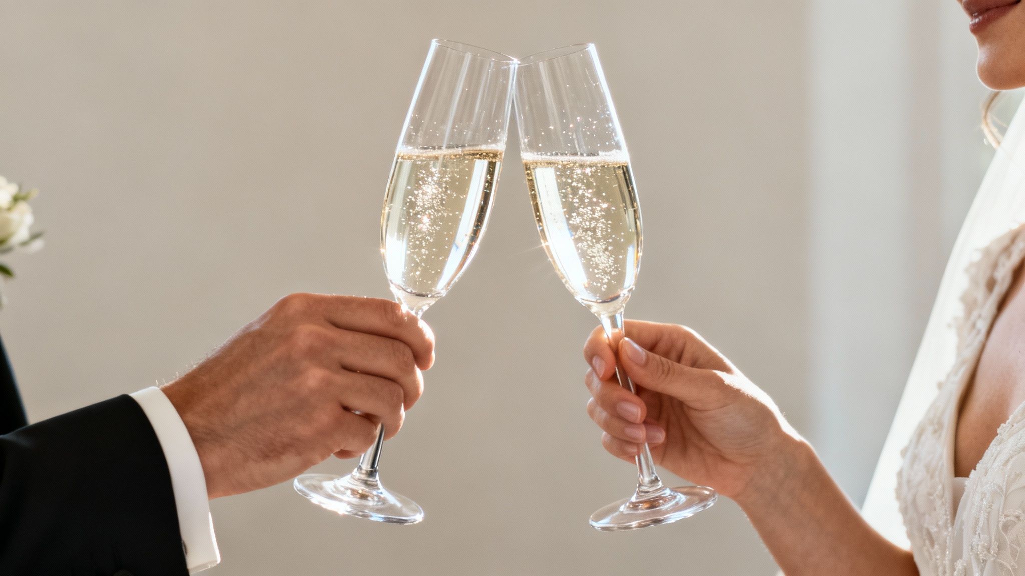 Close-up van een bruid en bruidegom die klinken met champagneglazen op hun bruiloft.