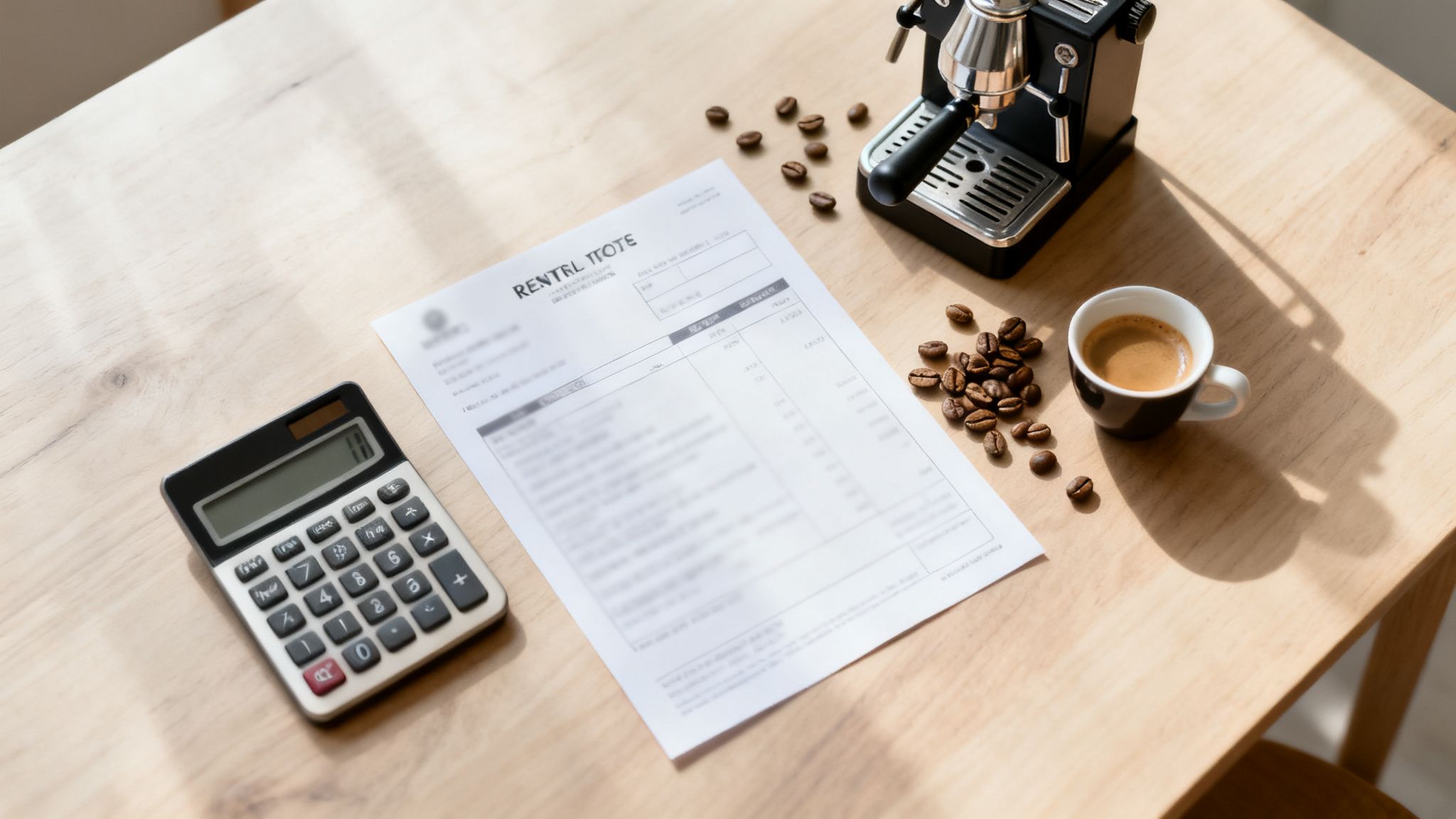 Overzicht van een houten bureau met een espressomachine, kopje koffie, koffiebonen, rekenmachine en een huurnota.