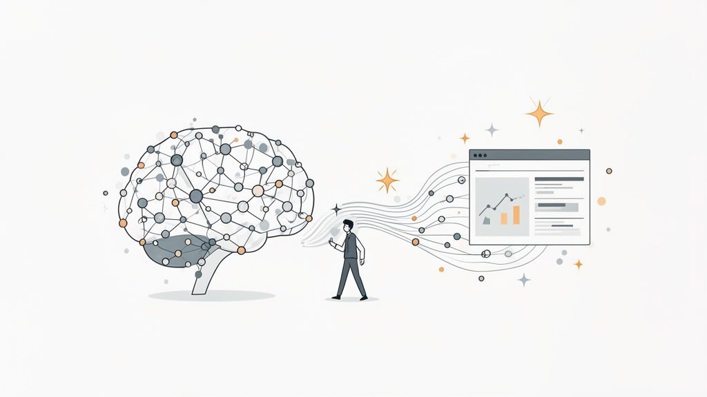 Een hersenmodel, een persoon met een telefoon en een dashboard met gegevens, symboliseert AI en data-analyse voor marketing.