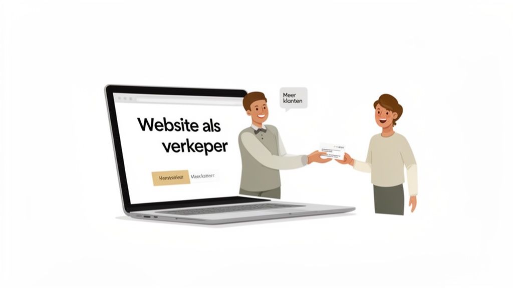 Illustratie van een laptop met een website die klanten aantrekt. Twee mensen wisselen informatie uit.
