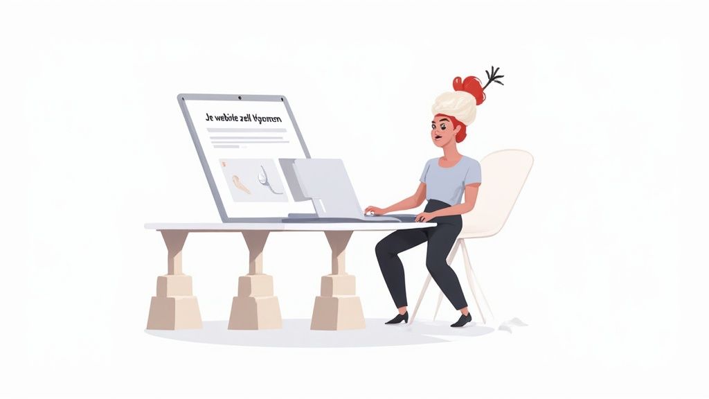 Vrouw met koksmuts werkt op laptop aan bureau, scherm toont 'Je website zelf beheren'.