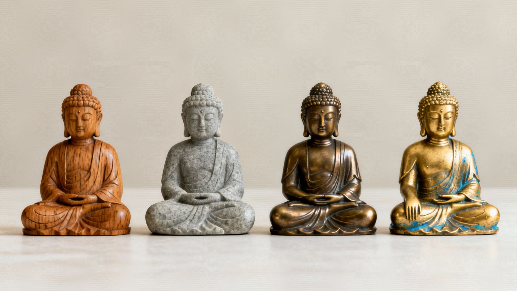 Kleurrijke Boeddha beeldjes van verschillende materialen die rust en balans uitstralen
