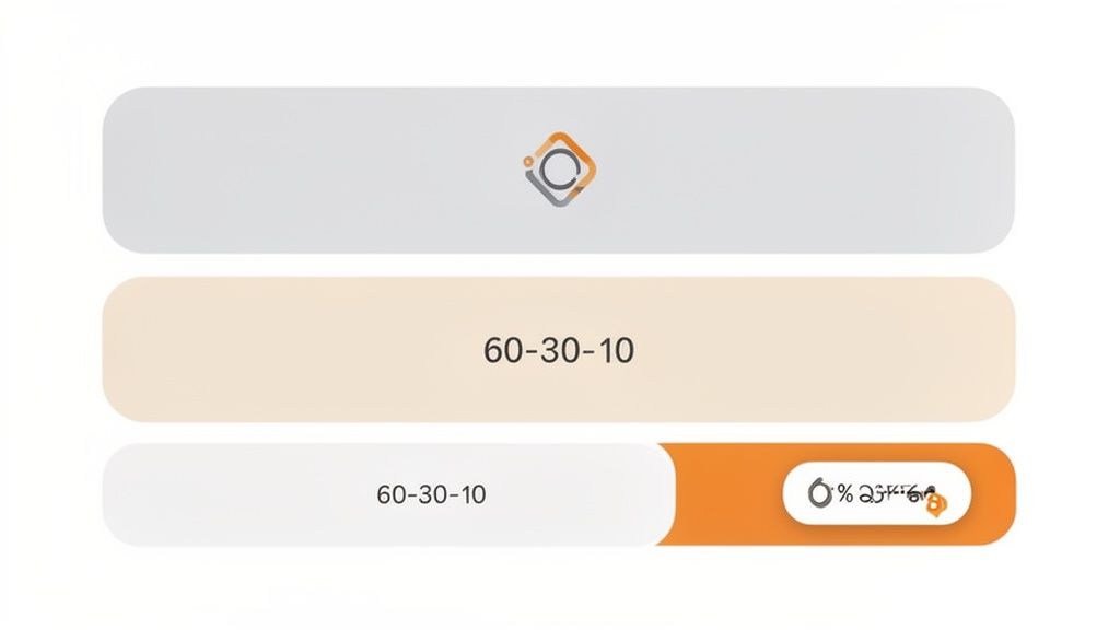 Drie horizontale balken met tekst en een logo, inclusief een voortgangsbalk die de verhouding 60-30-10 toont.