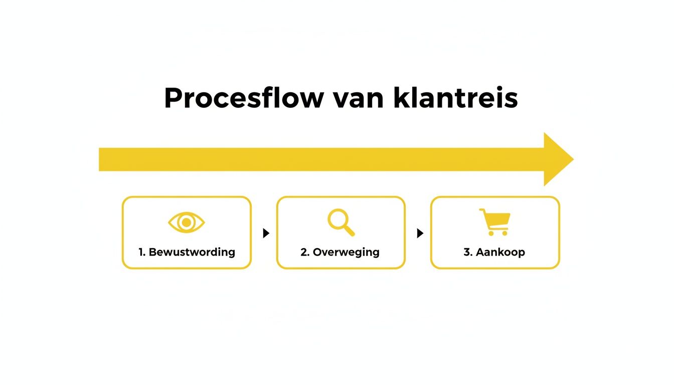 Een duidelijke procesflow van de klantreis, met stappen voor bewustwording, overweging en aankoop, elk met een bijbehorend icoon.