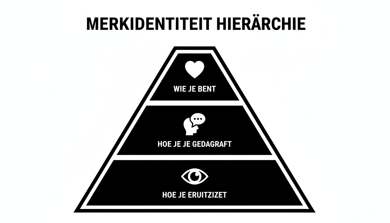 Een piramide visualiseert de merkidentiteit hiërarchie: wie je bent, hoe je je gedraagt en hoe je eruitziet.
