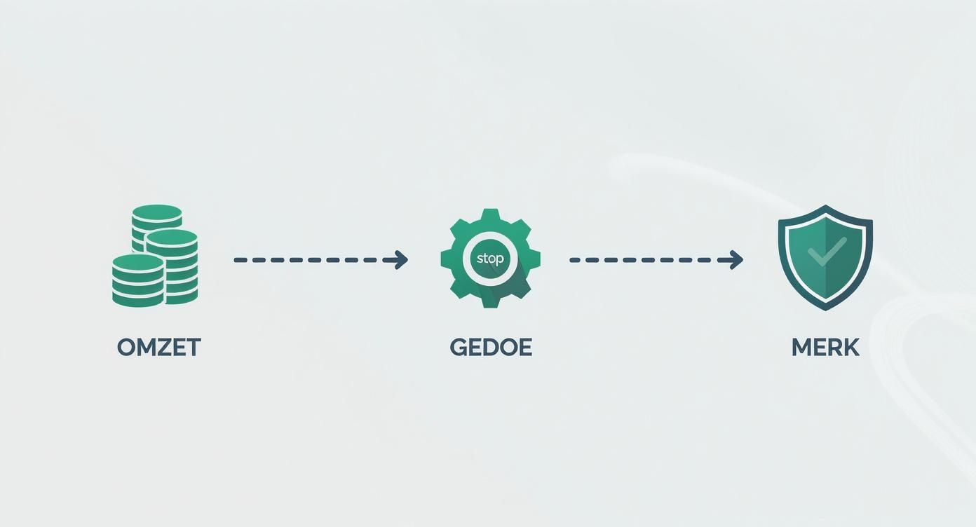 Infographic met de stappen van het proces: icoon van een stapel munten voor omzet, gevolgd door een tandwiel met een stop-icoon voor minder gedoe, en eindigend met een schild-icoon voor een sterk merk.