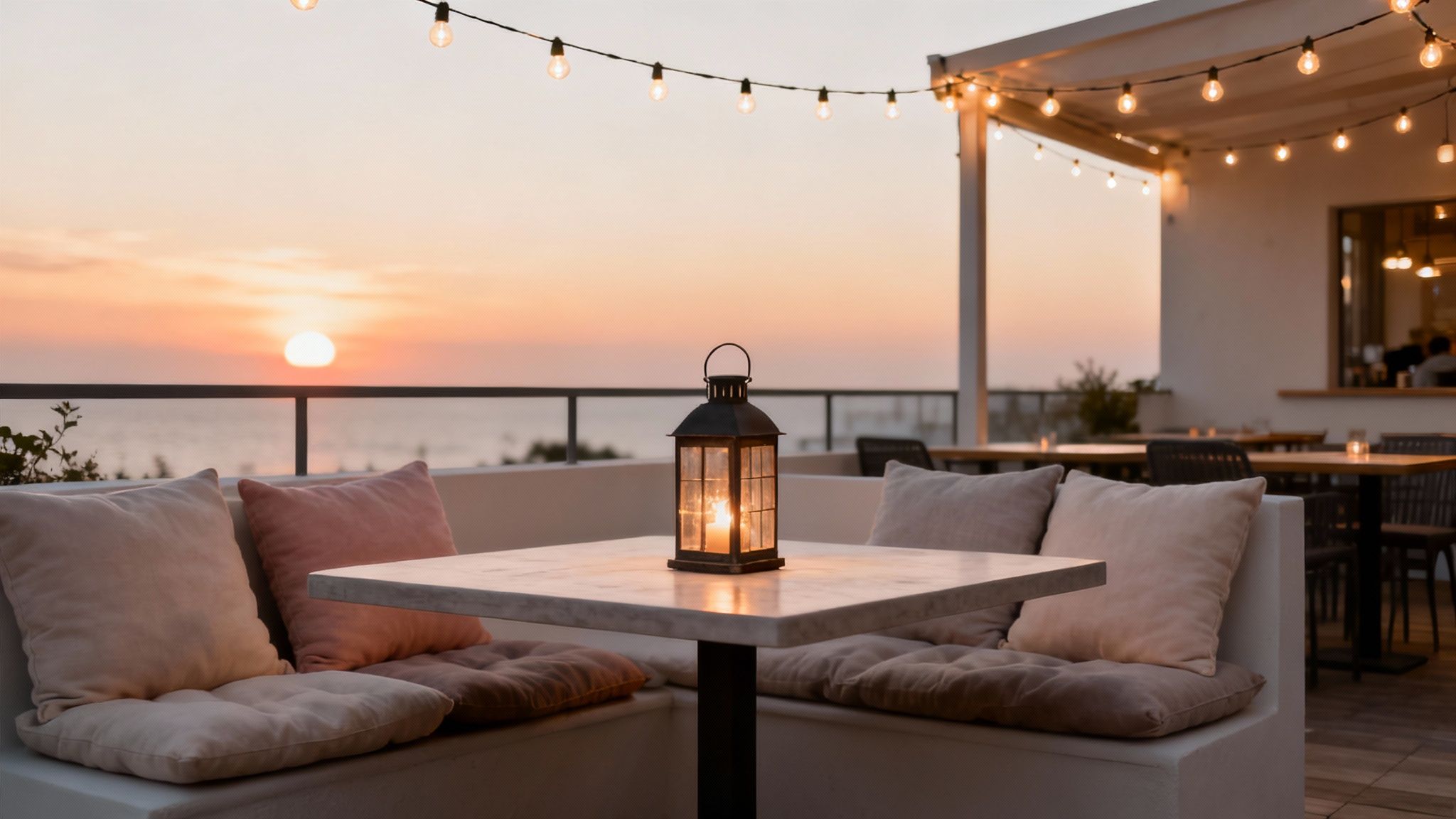 Sfeervolle decoratie op een horeca terrastafel met lantaarns en planten.