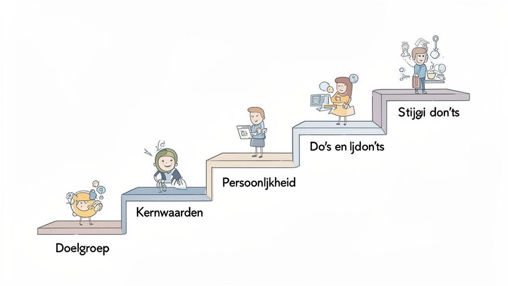 Illustratie: vijf stappen voor merkcommunicatie - Doelgroep, Kernwaarden, Persoonlijkheid, Do's en don'ts, Stijl don'ts.