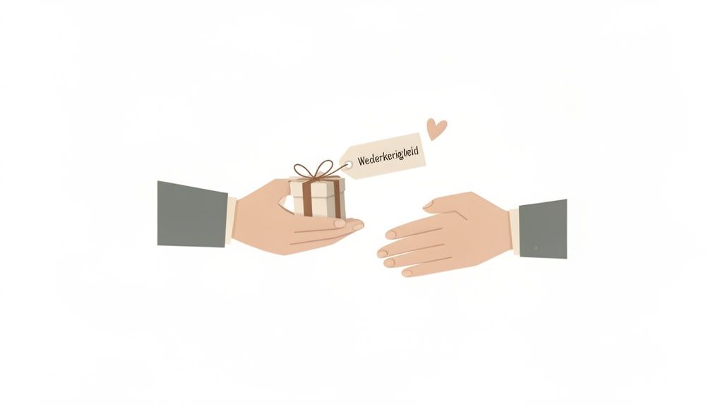 Twee handen wisselen een geschenk uit, met een label 'Wederkerigheid' en een hartje.