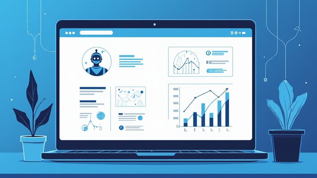 Een blauw-witte illustratie van een laptop met een AI-dashboard, inclusief robotprofiel en datagrafieken, geflankeerd door planten.