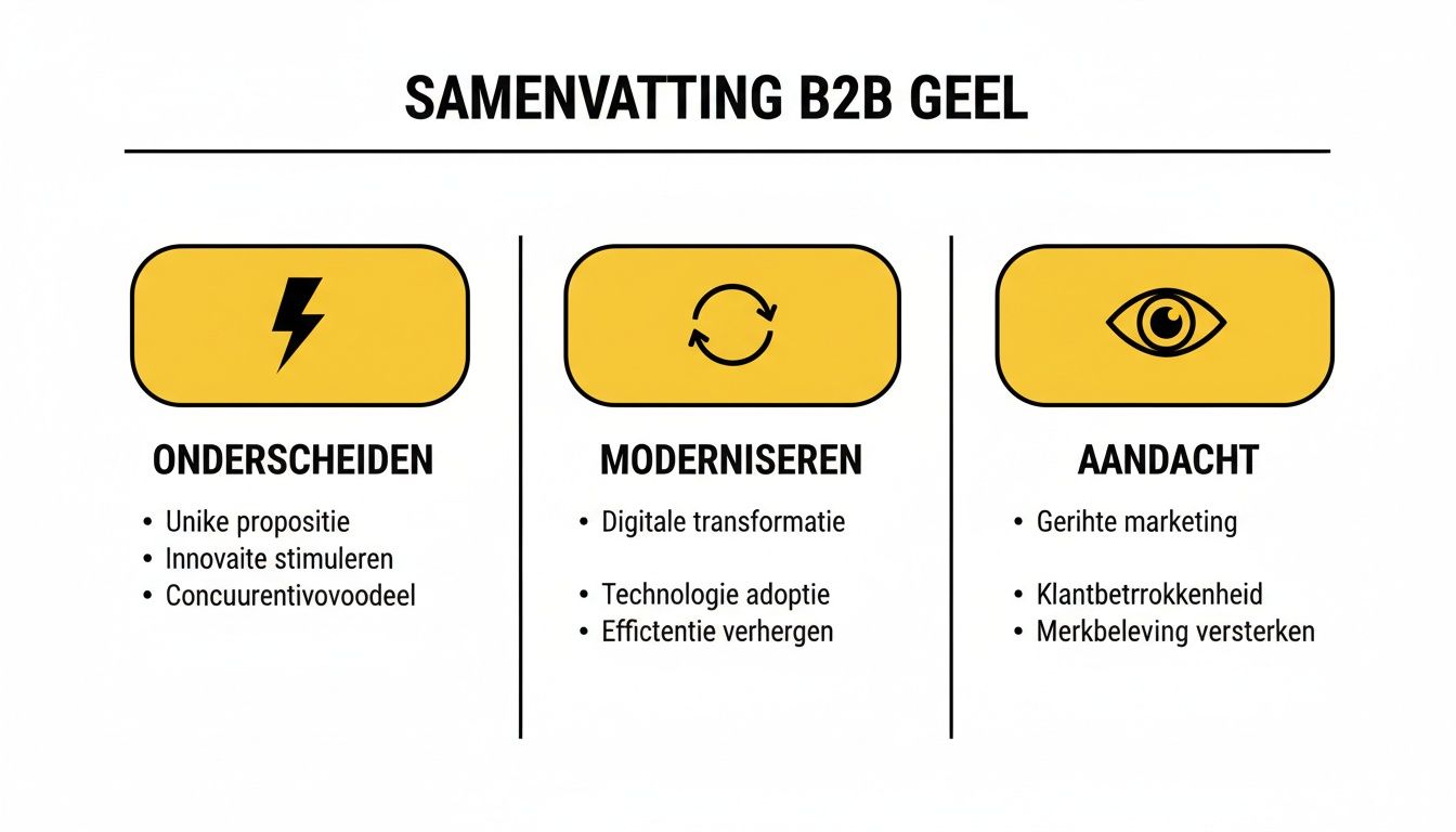 Samenvatting van drie pijlers voor B2B succes: onderscheiden, moderniseren en aandacht.