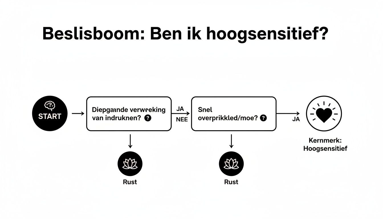 Beslisboom over hoogsensitiviteit met vragen over diepgaande verwerking en overprikkeling, leidend tot rust of het kenmerk hoogsensitief.