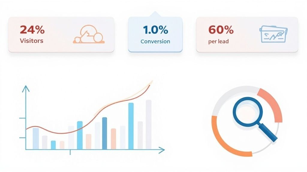 Overzicht van online prestatie-indicatoren met bezoekerspercentage, conversieratio, kosten per lead en groeiende grafieken.