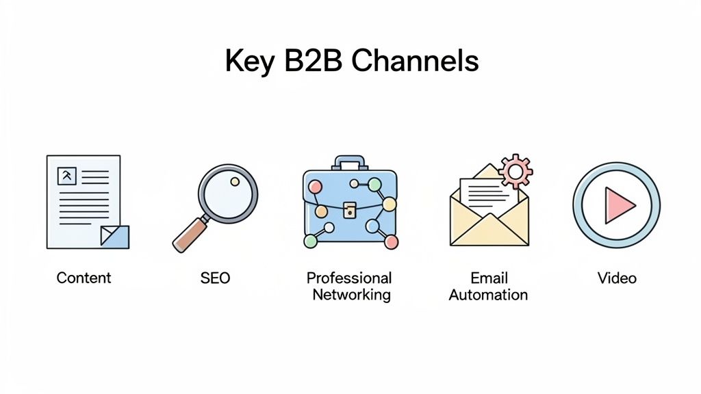 Overzicht van belangrijke B2B-marketingkanalen, inclusief content, SEO, netwerken, e-mailautomatisering en video.