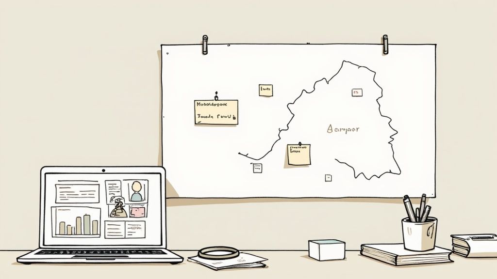 Een georganiseerde werkplek met laptop, een kaart aan de muur, boeken en pennen.