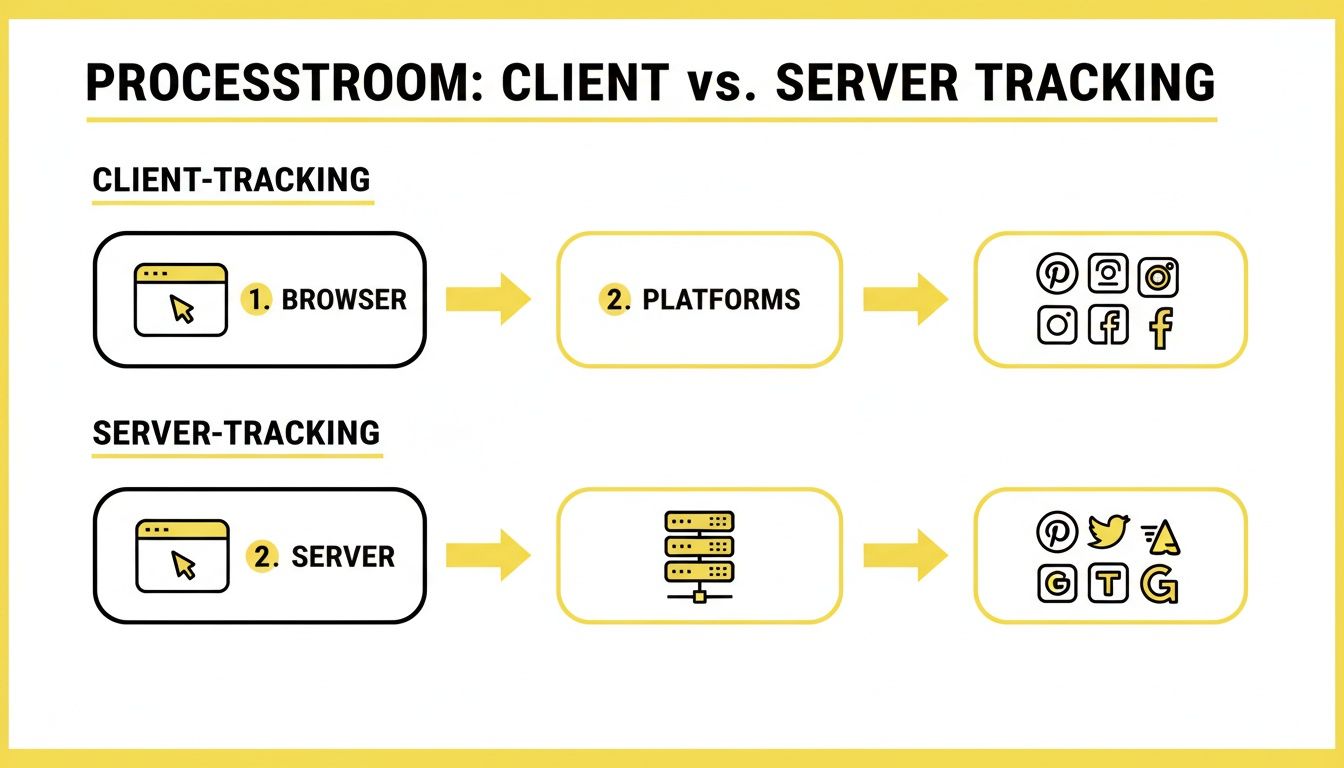 Een diagram dat het verschil tussen client-tracking en server-tracking illustreert, inclusief browsers, servers en platforms.