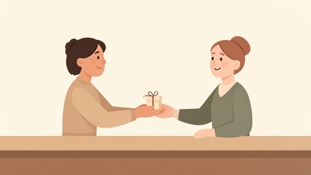 Twee mensen wisselen een klein cadeautje uit aan een tafel, wat geven en ontvangen symboliseert.