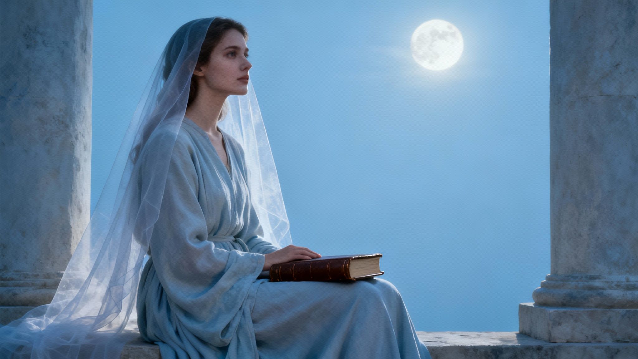 Een jonge vrouw in een blauwe jurk en sluier zit onder de volle maan met een boek, omringd door zuilen.