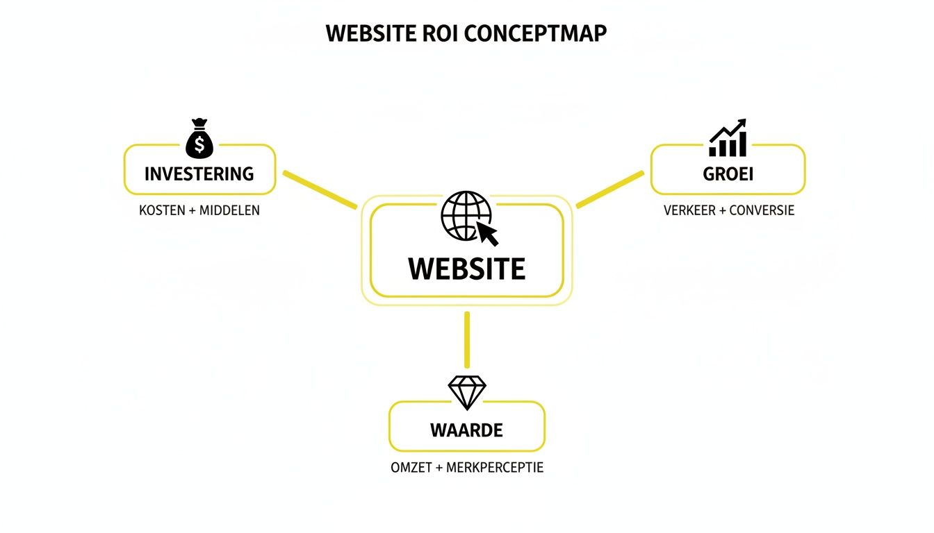 Conceptmap over Website ROI met investering, groei en waarde als sleutelfactoren.