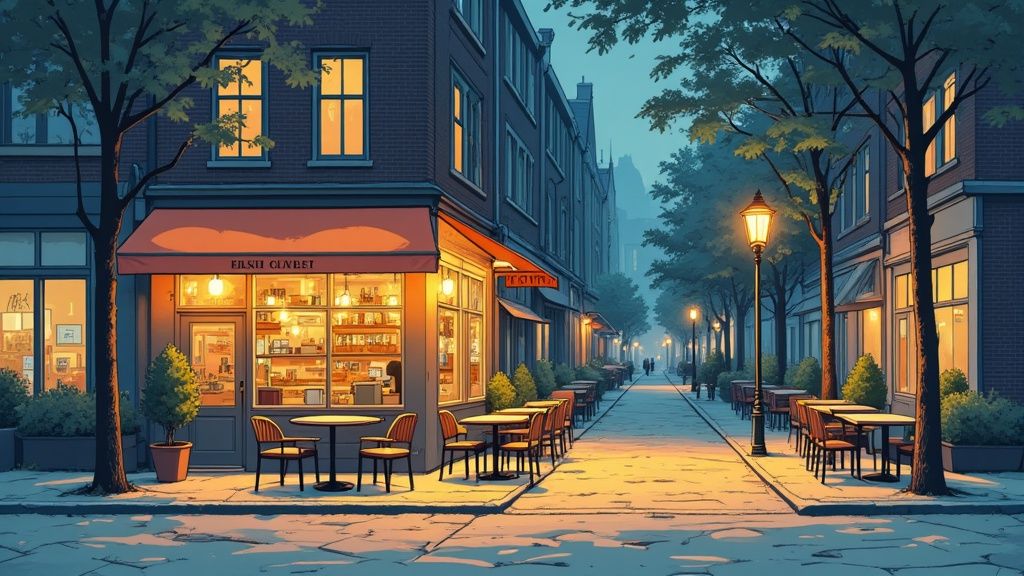 Een sfeervolle straat met een verlicht café en terrassen, omringd door bomen en klassieke lantaarnpalen.
