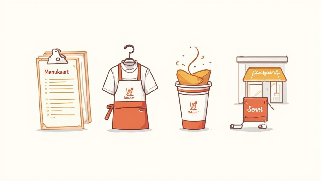 Een illustratie met een menukaart, een schort, een beker met gefrituurd eten en een winkelpand met logo's.