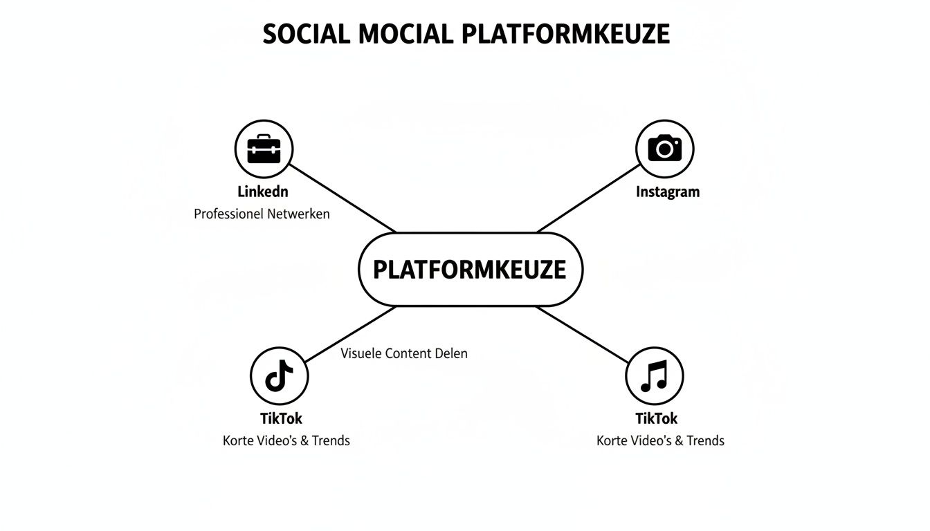 Mindmap over social mediaplatformkeuze, met LinkedIn, Instagram en TikTok, inclusief hun hoofdfuncties en toepassingen.